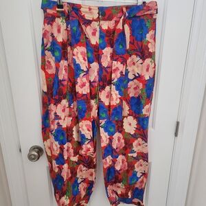 Zara Red Floral Wide-Leg Pants with Blue & Pink Flowers